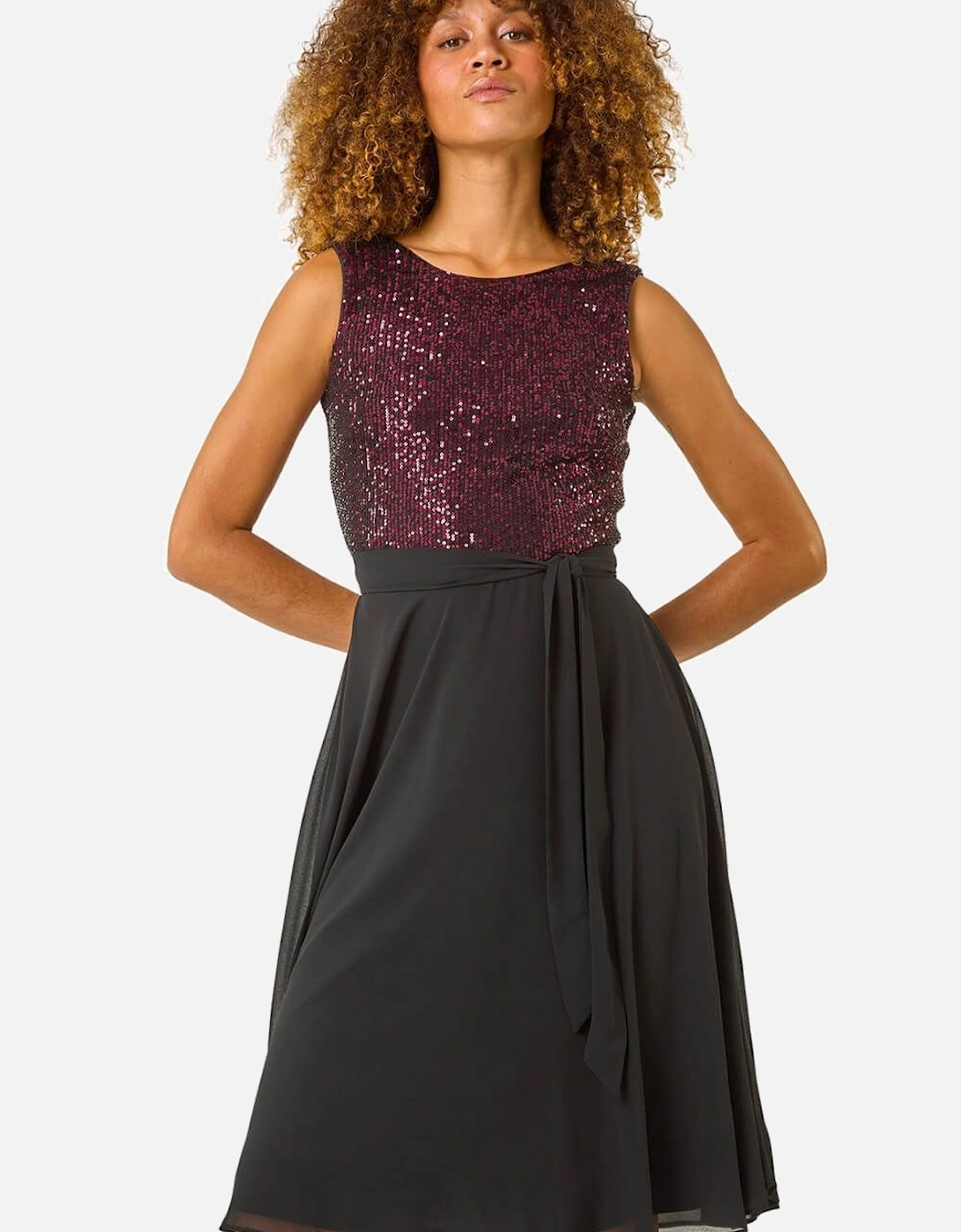 Sequin Bodice Belted Chiffon Dress, 2 of 1