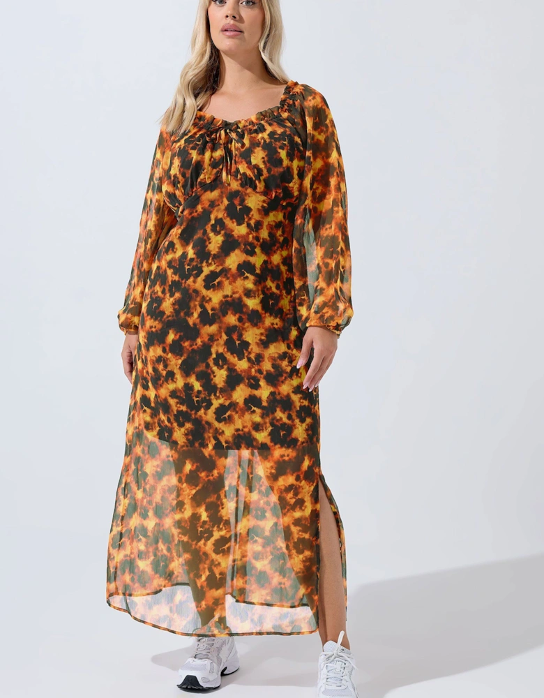 Tortoise Shell Ruffle Maxi Dress