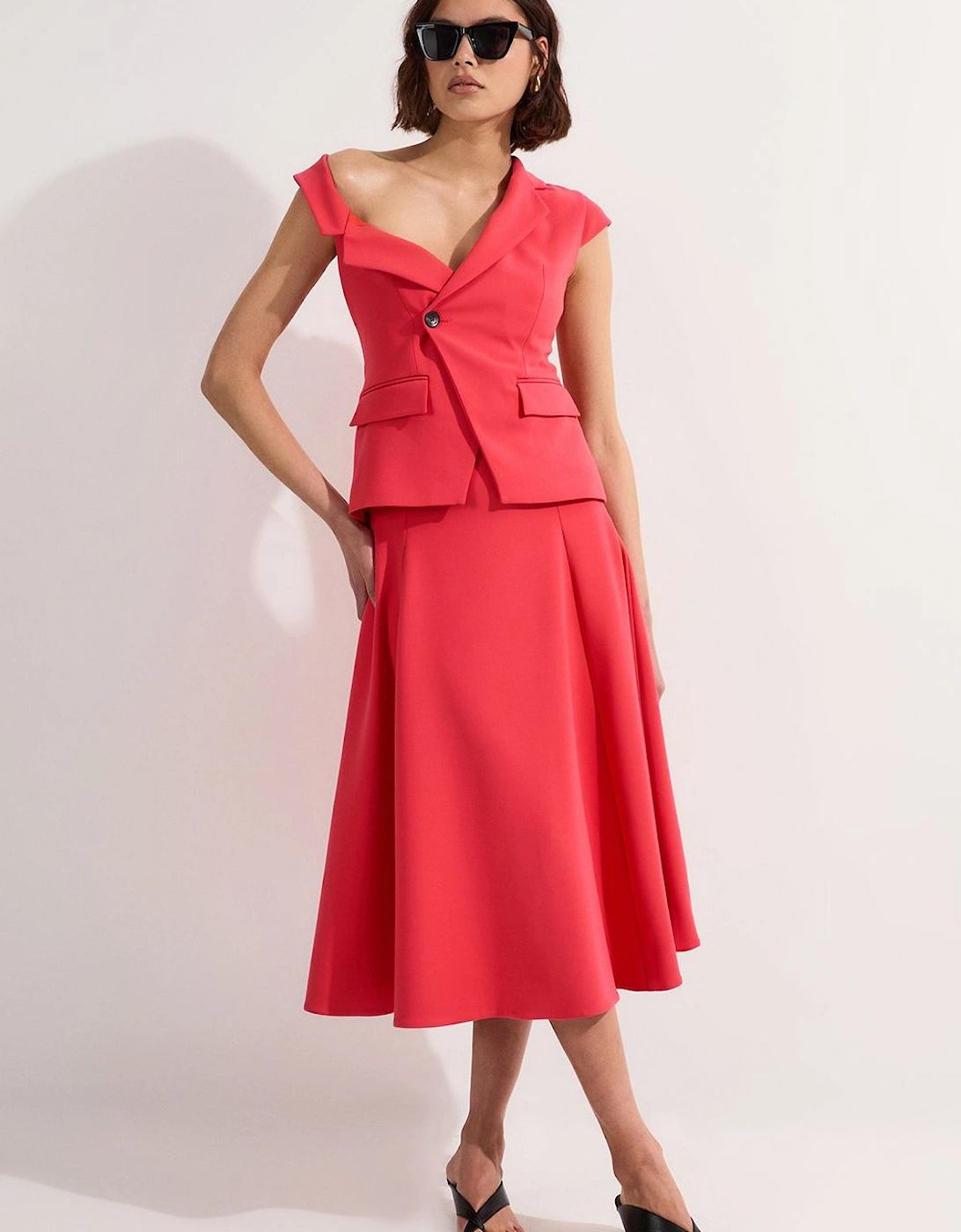 Compact Stretch Asymmetric Collar Belted Full Skirted Tailored Midi Dress, 2 of 1