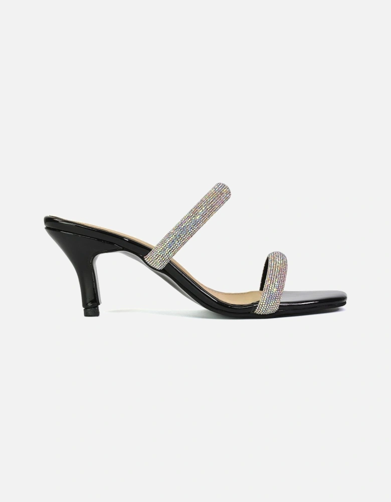 'Nancy' Square Toe Diamante Strappy Slip On Low Kitten Heel Mules