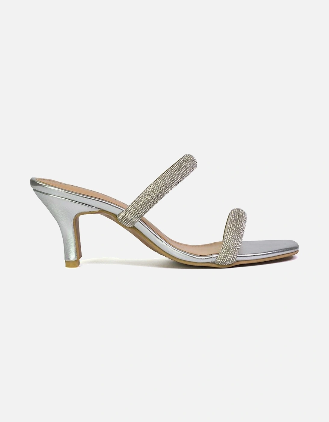 'Nancy' Square Toe Diamante Strappy Slip On Low Kitten Heel Mules, 2 of 1