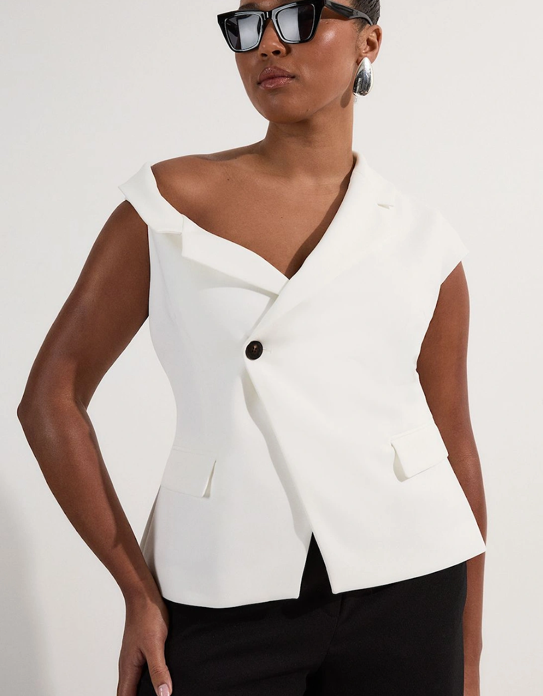 Plus Size Clean Tailored Asymmetric Collar Belted Tailored Top, 2 of 1