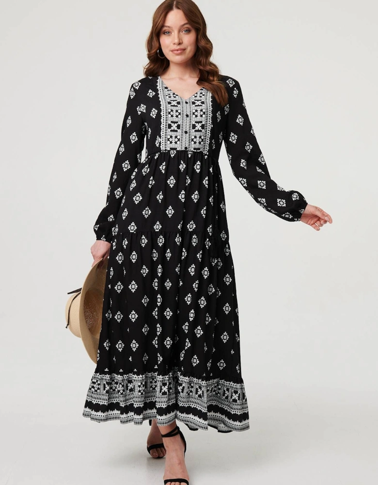 Printed Long Sleeve Smocked Maxi Dress