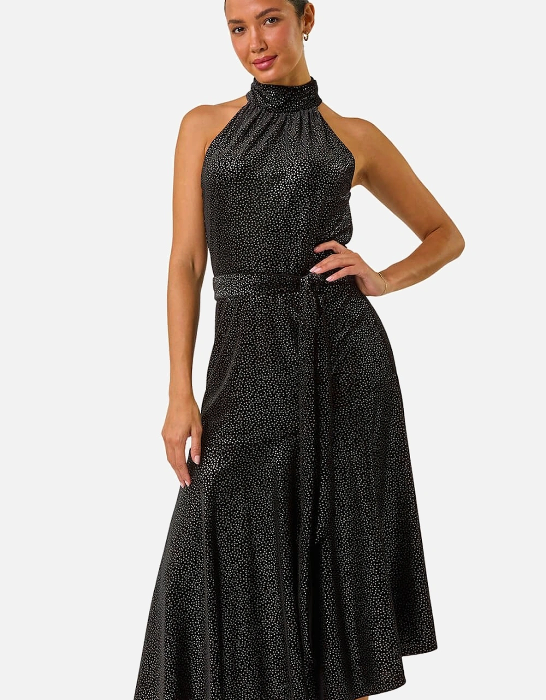 Velvet Halter Neck Ruffle Hem Midi Dress, 2 of 1