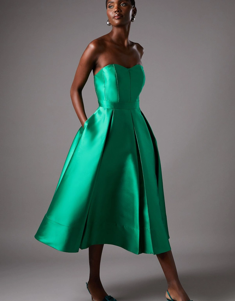 Pleated Twill Midi Dress With Sweetheart Neckline