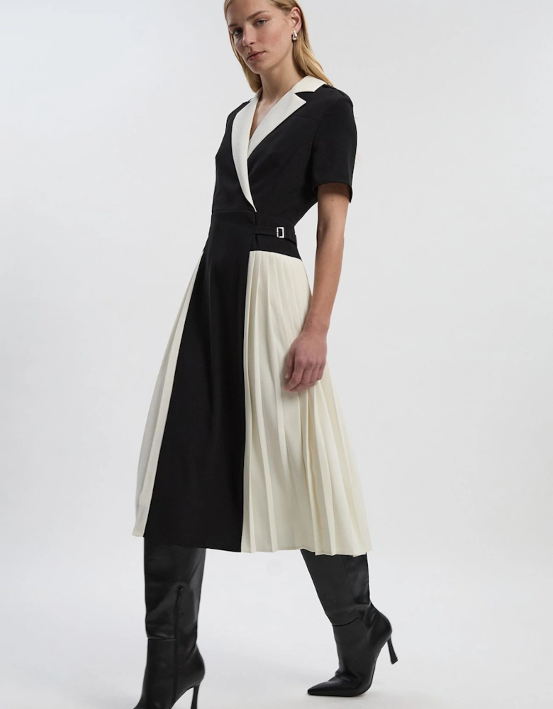 Tailored Crepe Pleated Midi Shirt Dress