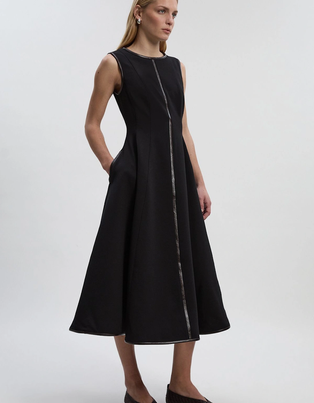 Compact Stretch Pu Mix Sleeveless Full Skirted Tailored Midi Dress, 2 of 1