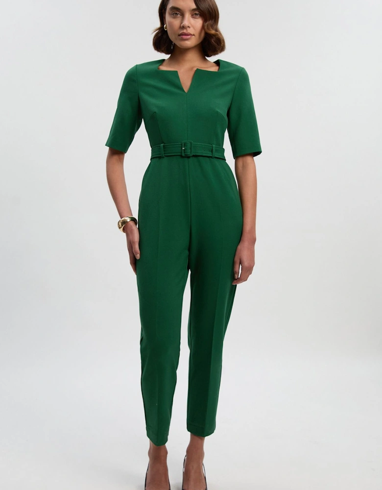 Structured Crepe Forever Notch Neck Belted Tailored Jumpsuit
