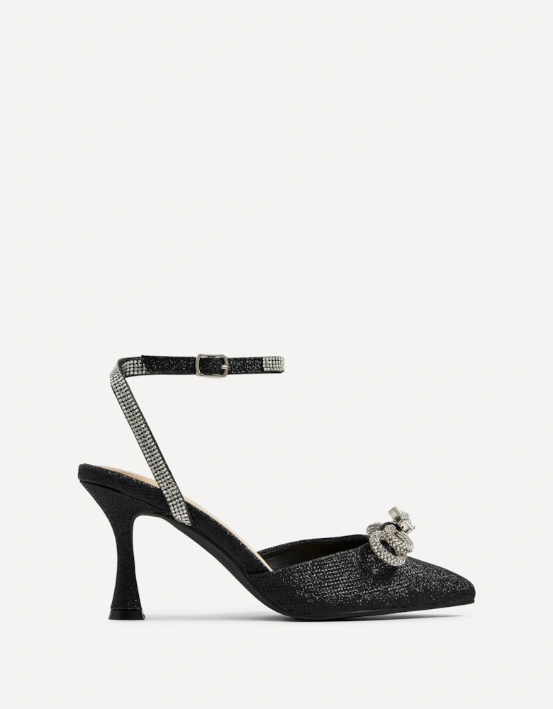 Beatrice Black Glitter Double Bow Embellished Mid Height Court Heel