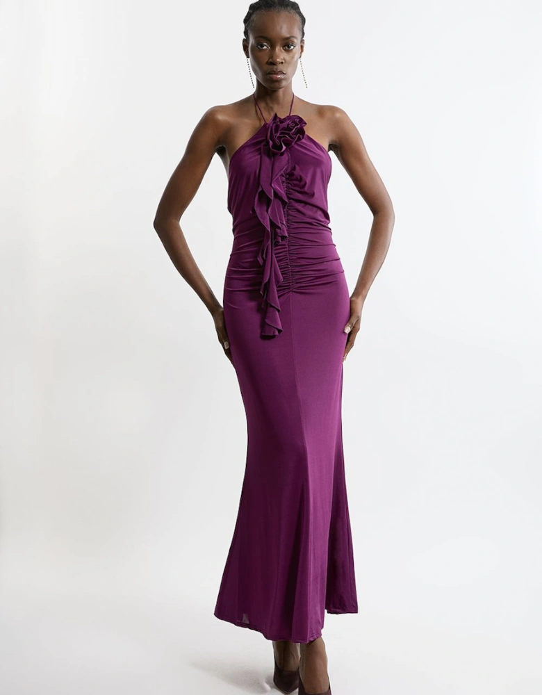 Backless Tie Rosette Slinky Jersey Maxi Dress