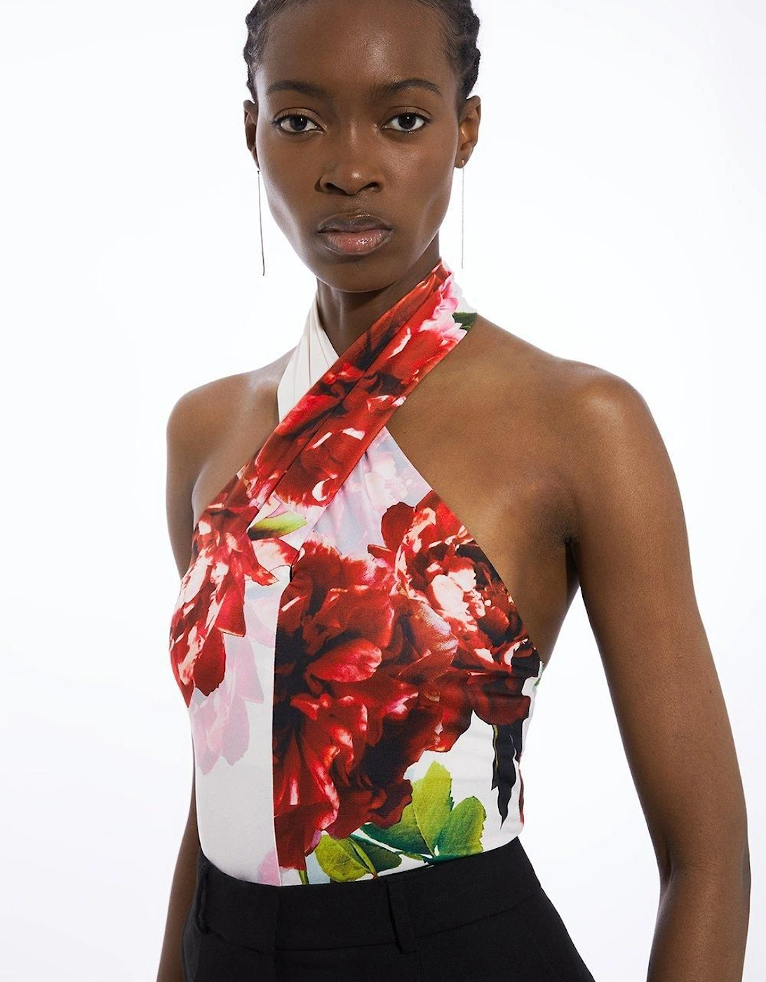 Rose Print Cross Neck Drapey Crepe Jersey Bodysuit, 2 of 1