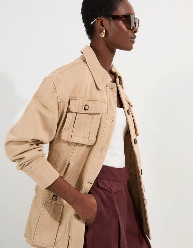 Denim Pocket Detail Belted Safari Jacket