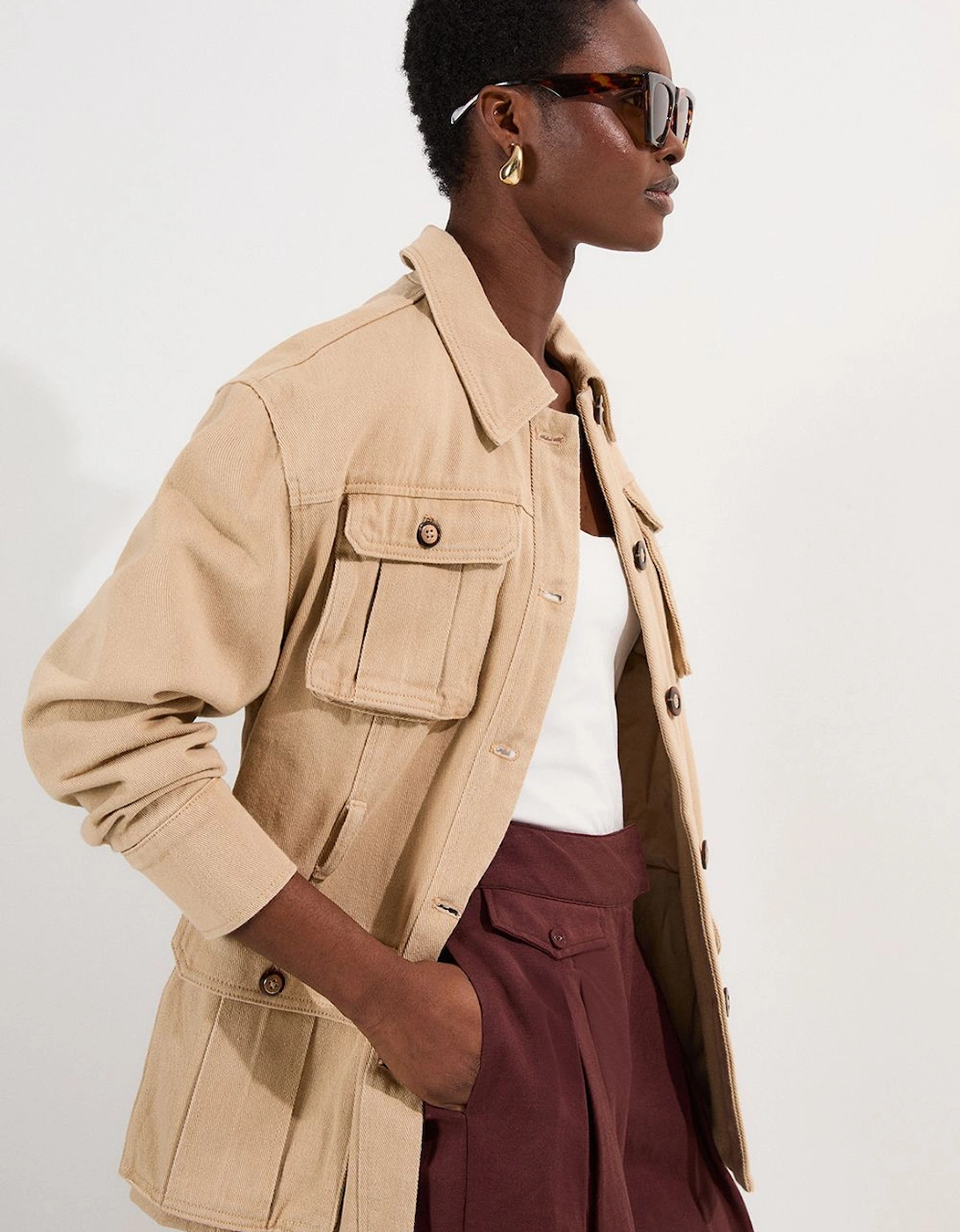 Denim Pocket Detail Belted Safari Jacket, 2 of 1