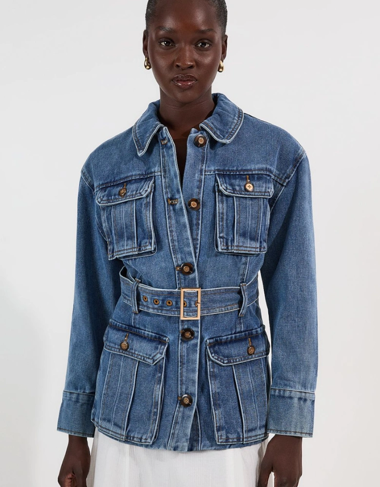 Denim Pocket Detail Belted Safari Jacket