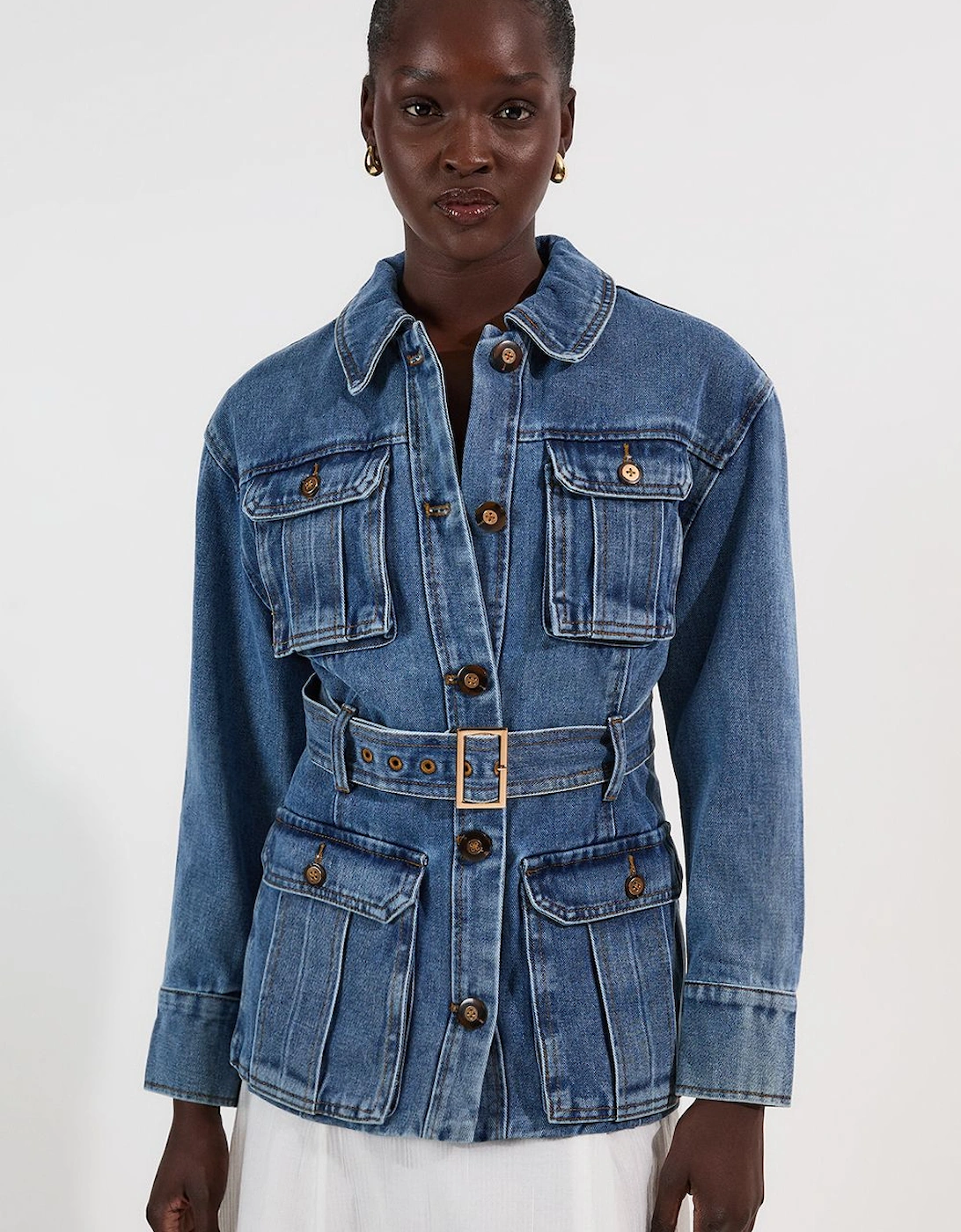 Denim Pocket Detail Belted Safari Jacket, 2 of 1