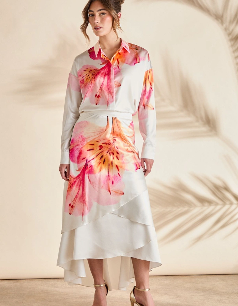 Printed Satin High Low Hem Midi Skirt