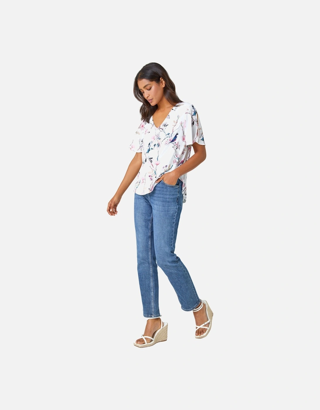 Floral Angel Sleeve V-Neck Top, 2 of 1