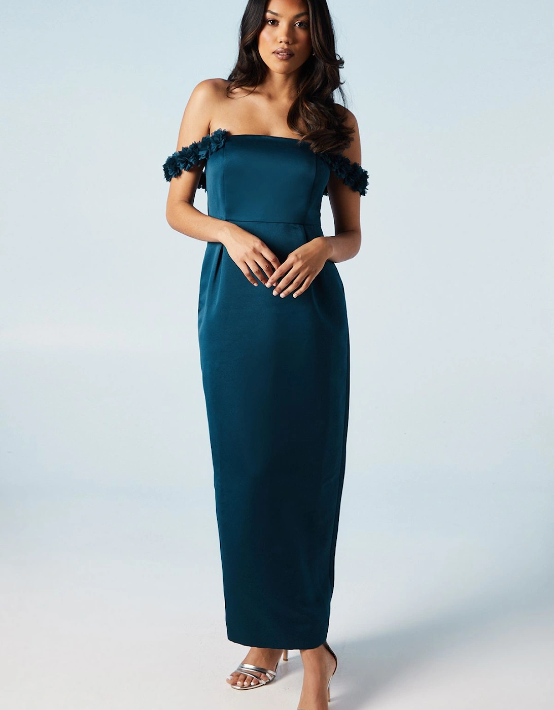 Floral Bardot Satin Bridesmaid Dress, 2 of 1