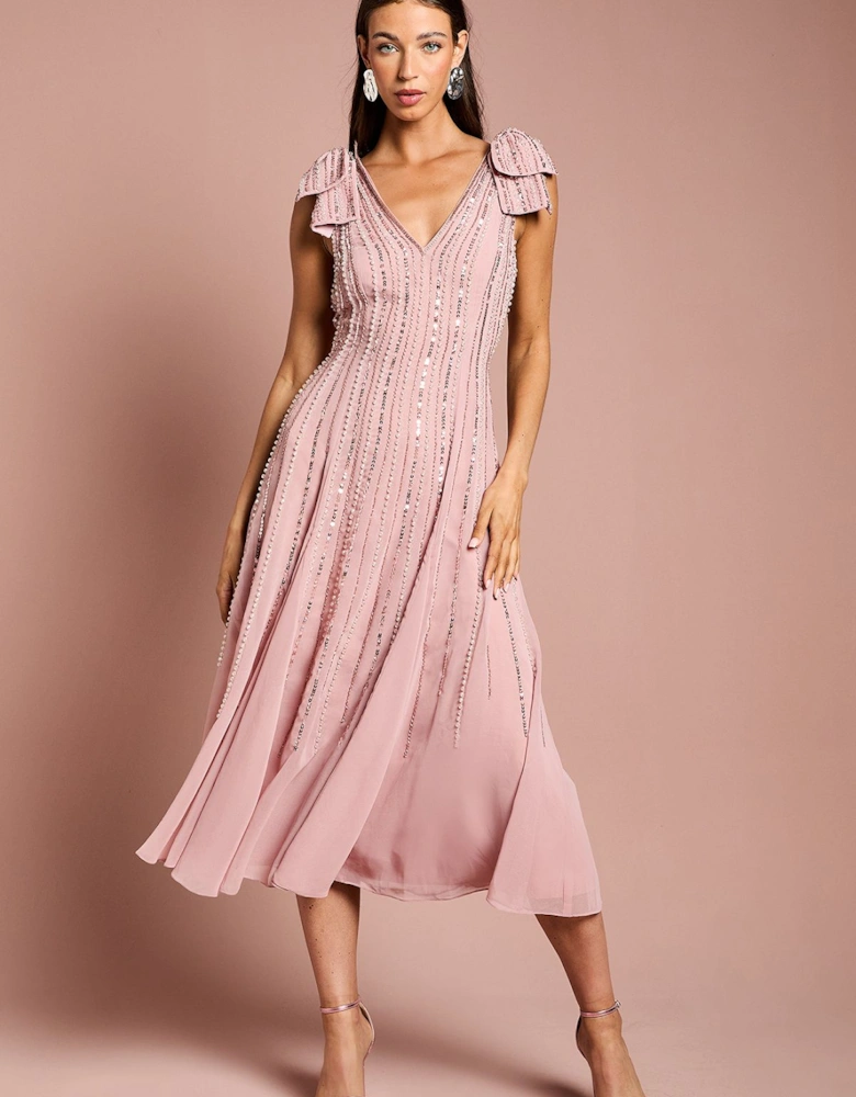 Bow Shoulder Embellished Midi Dress