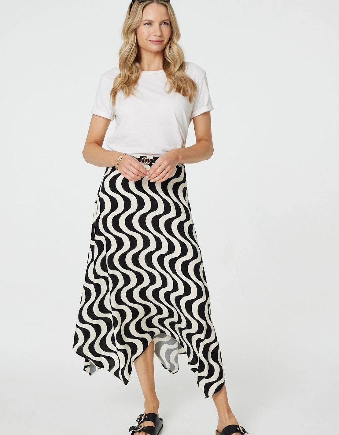 Wave Print Hanky Hem Belt Midi Skirt, 2 of 1