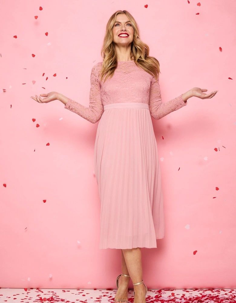 Lace Trim Pleated Long Sleeve Midi Dress