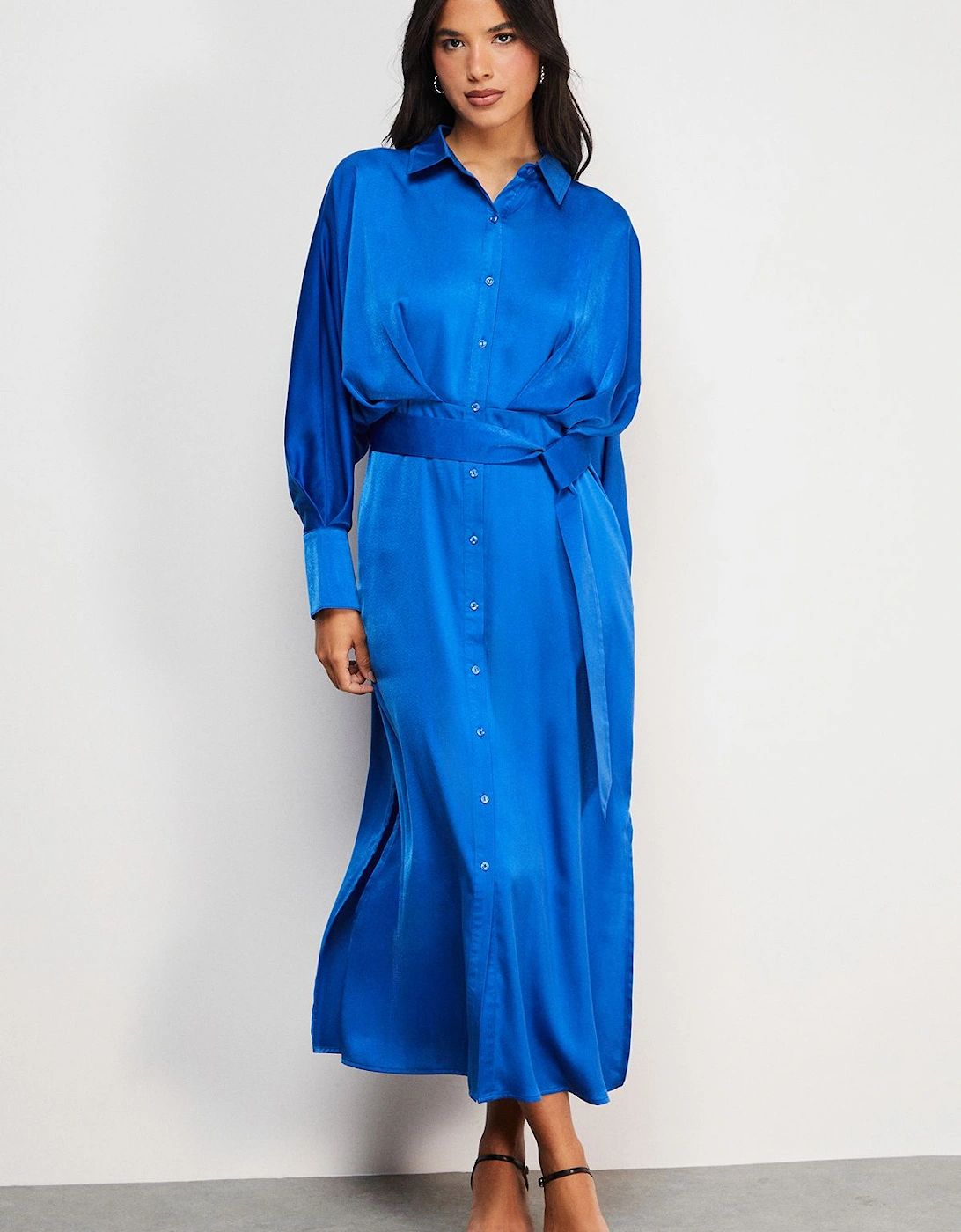 Satin Batwing Split Side Midi Shirt Dress, 2 of 1