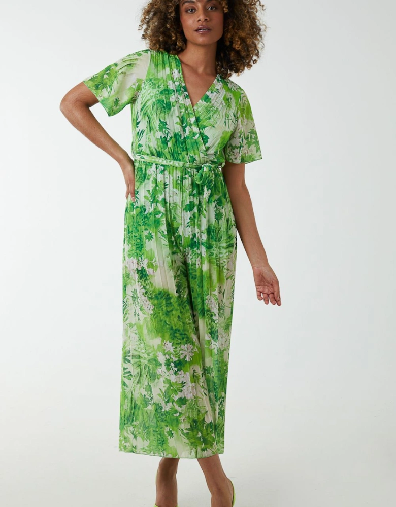 Pleated Wrap Tropical Jumpsuit
