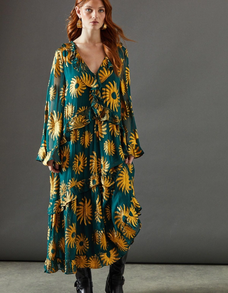 Sun Metallic Jacquard Frill Front Smock Midi Dress