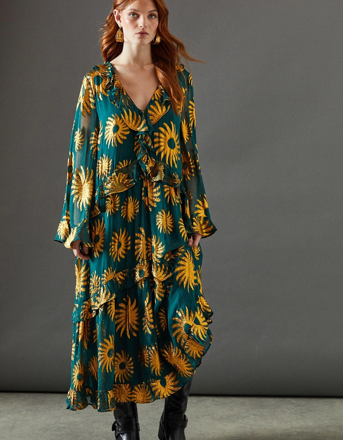Sun Metallic Jacquard Frill Front Smock Midi Dress, 2 of 1
