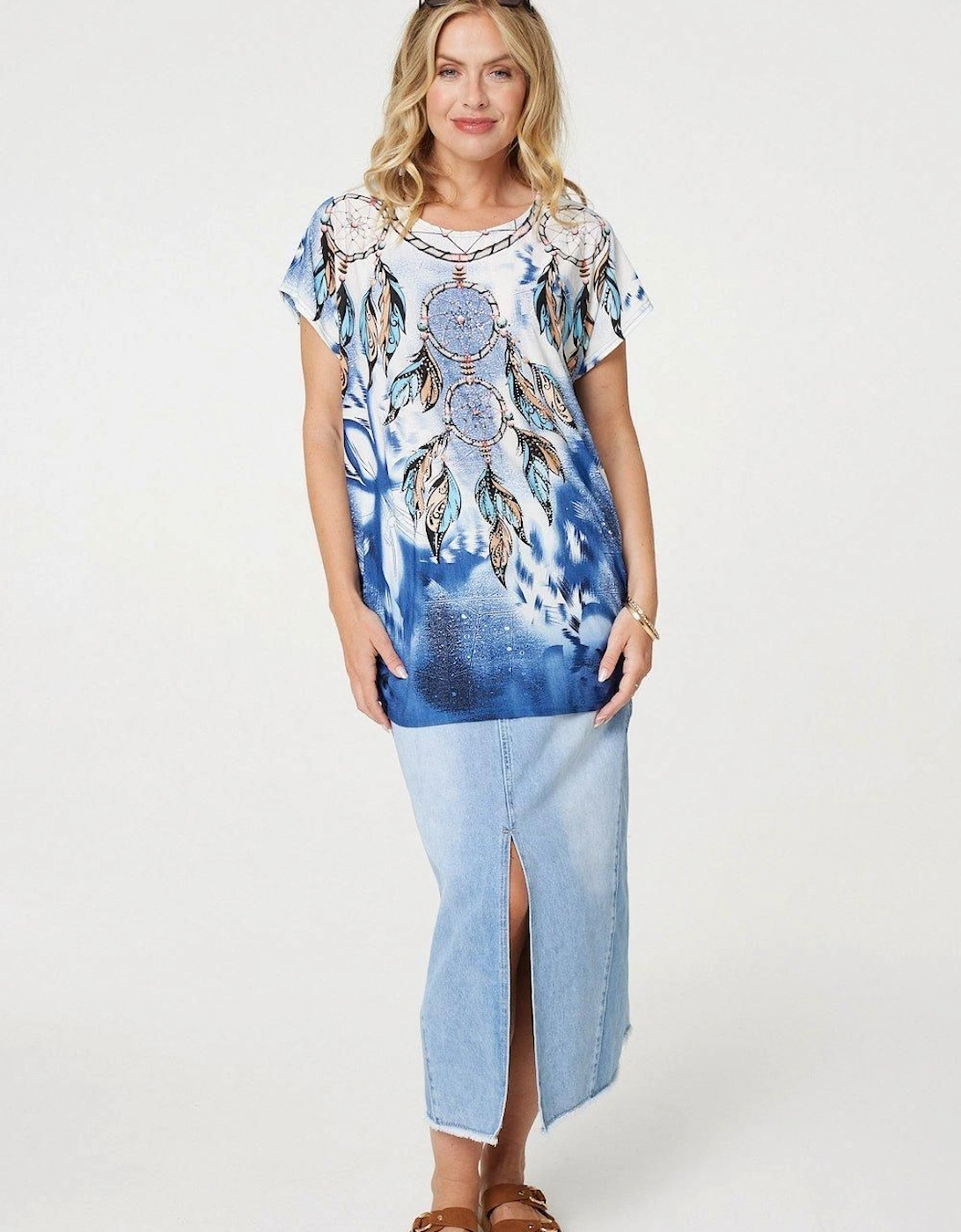 Embellished Feather Print Tunic Top, 2 of 1