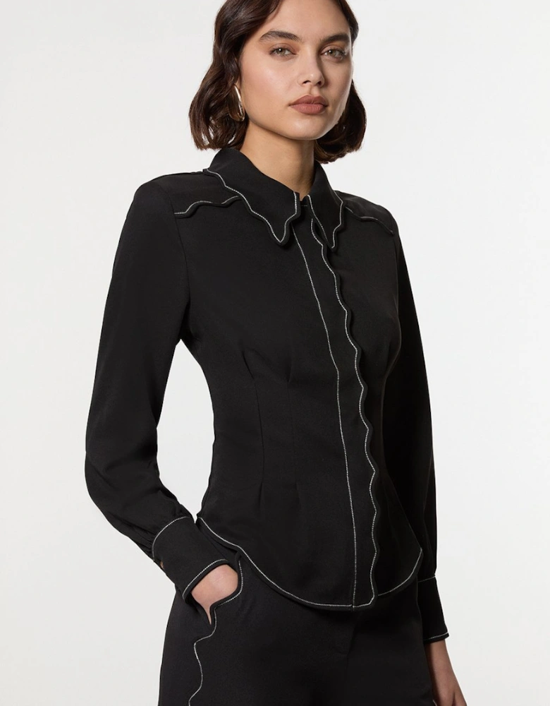 Scallop Trim Twill Woven Crepe Blouse