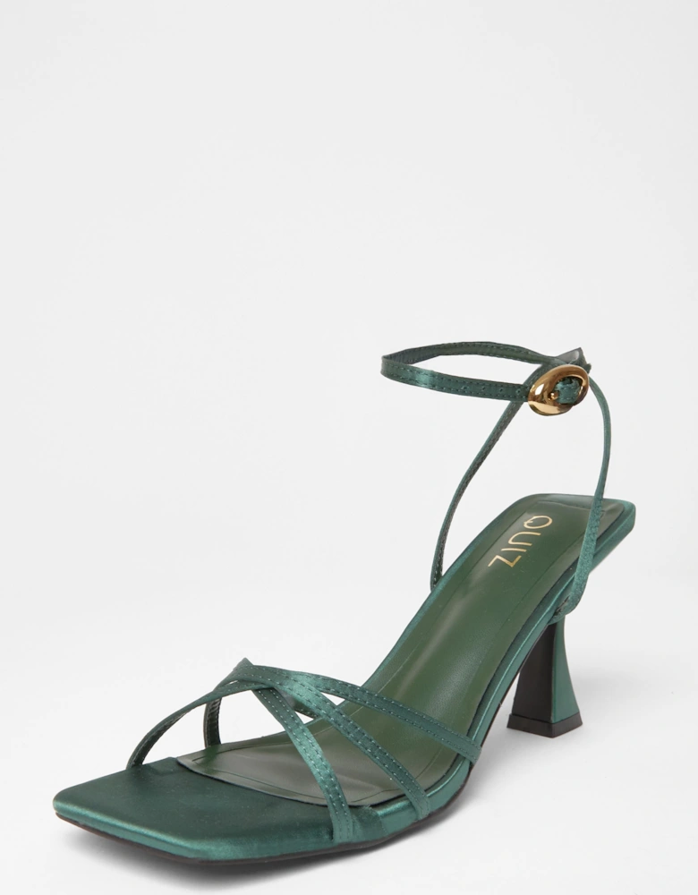 Green Satin Strappy Flared Heels