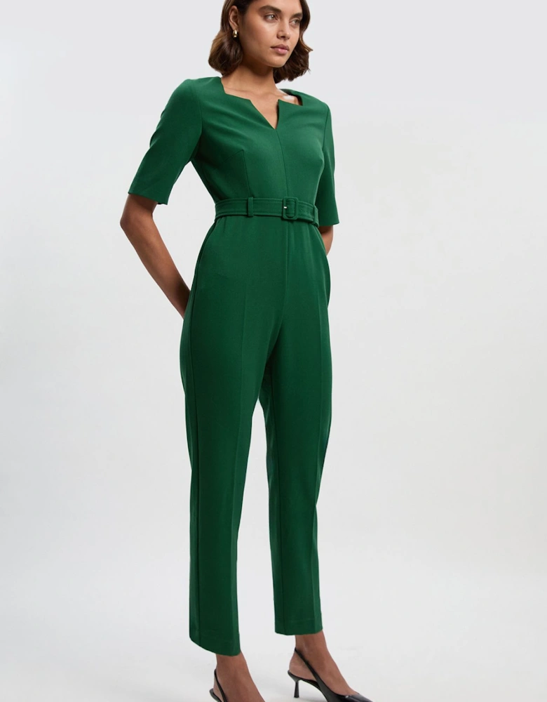Petite Structured Crepe Forever Notch Neck Belted Tailored Jumpsuit