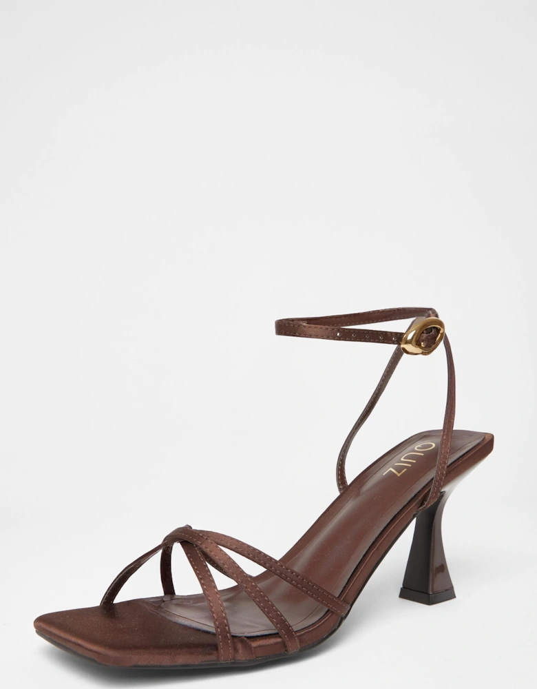 Brown Satin Strappy Flared Heels