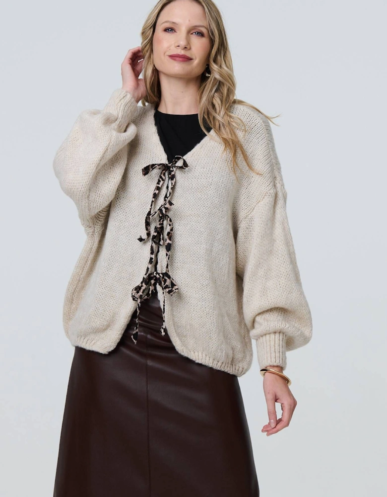 Animal Print Tie Balloon Sleeve Cardigan