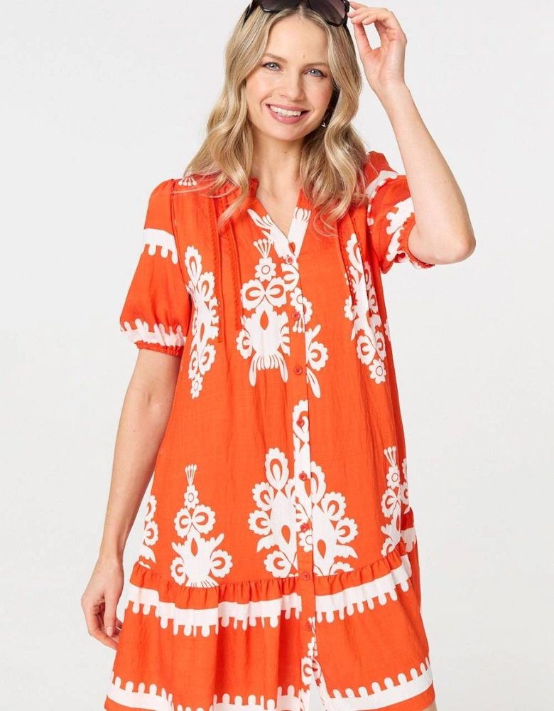 Printed Lace Trim Relaxed Short Shirt Dress