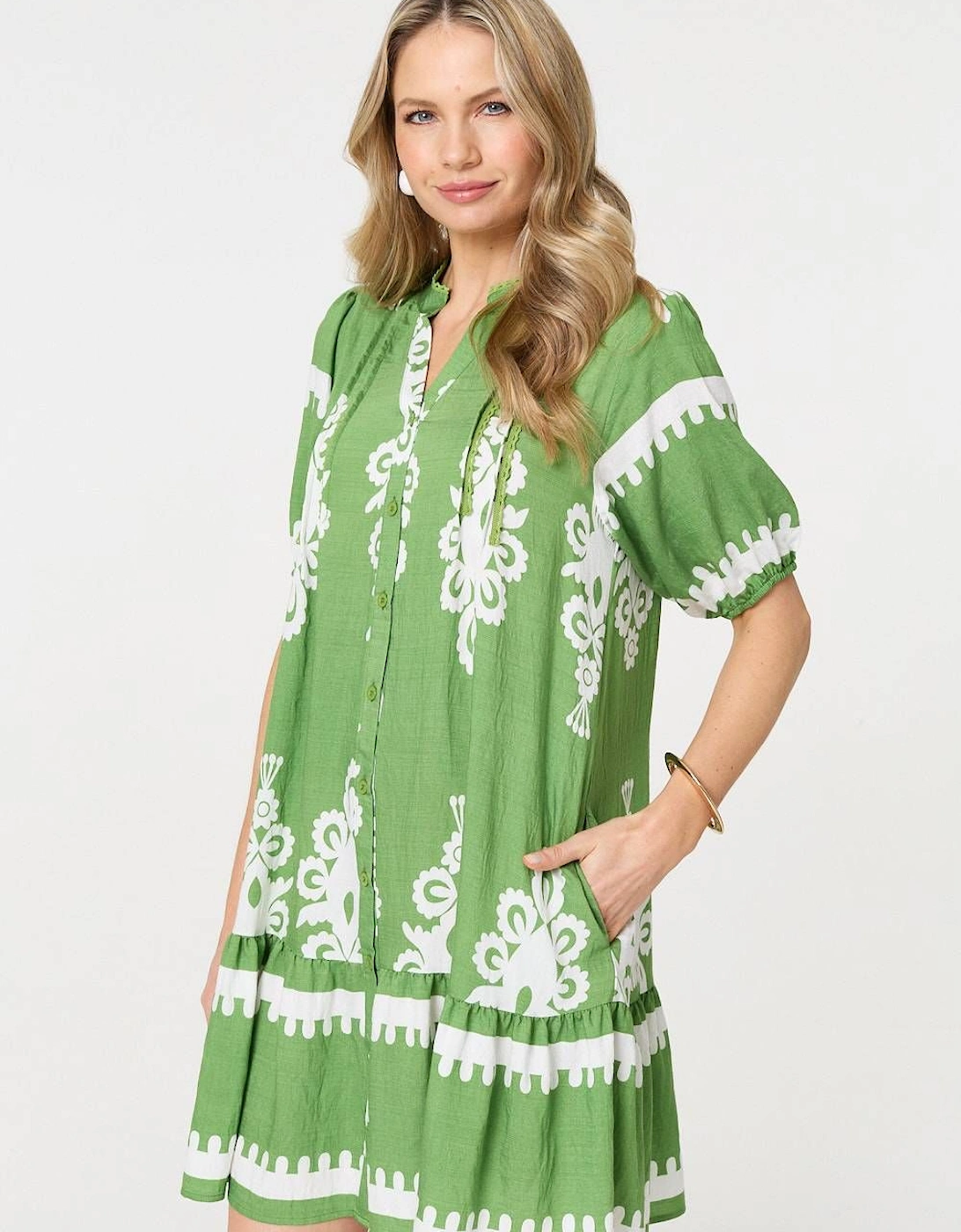 Printed Lace Trim Relaxed Short Shirt Dress, 2 of 1