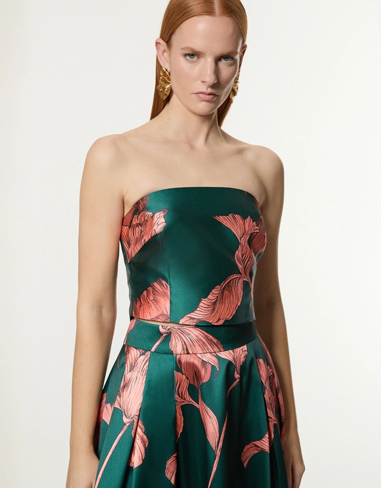 Floral Jacquard Twill Panelled Woven Shirred Top