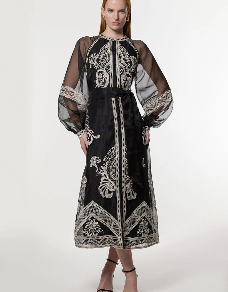 Embroidered Organdie Balloon Sleeve Woven Maxi Dress