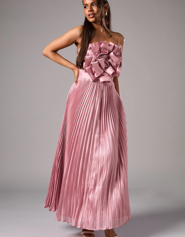 Petite Metallic Strappy Pleated Corsage Maxi Dress