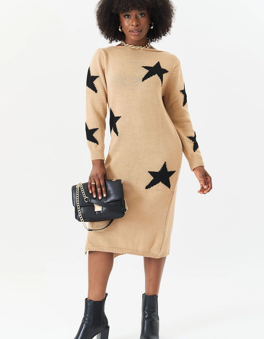 Camel Star Knit Oversized Jumper Dress, 2 of 1