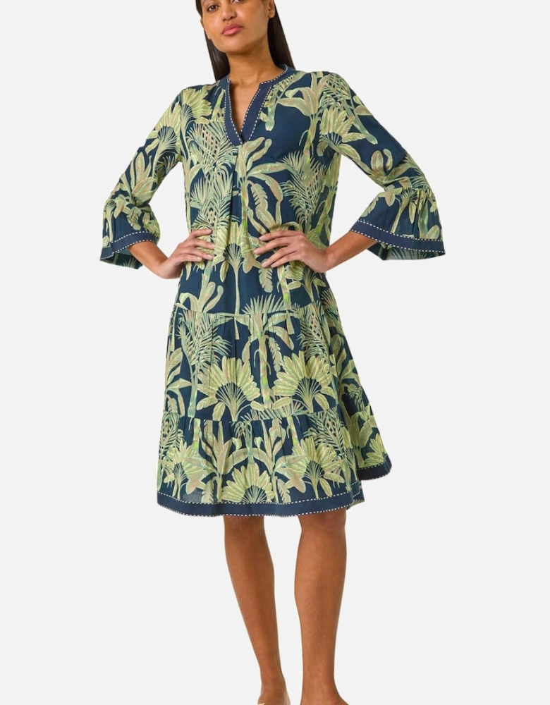 Palm Print V-Neck Tiered Dress