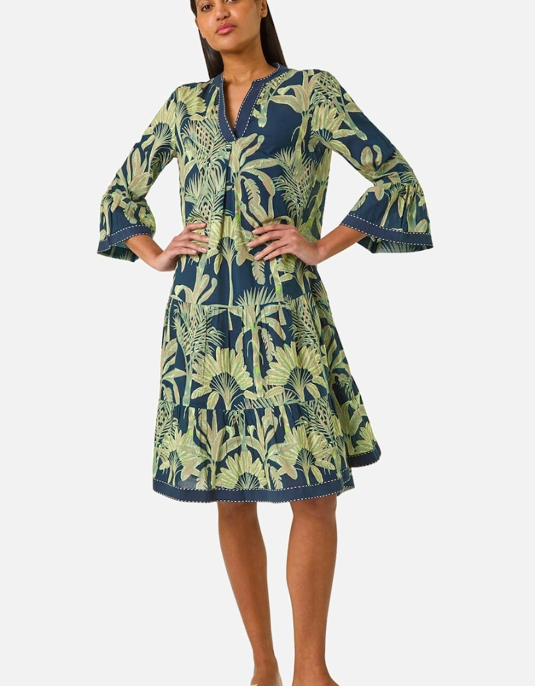Palm Print V-Neck Tiered Dress, 2 of 1