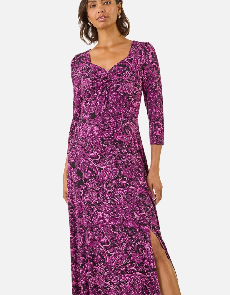 Paisley Print Ruched Midi Stretch Dress