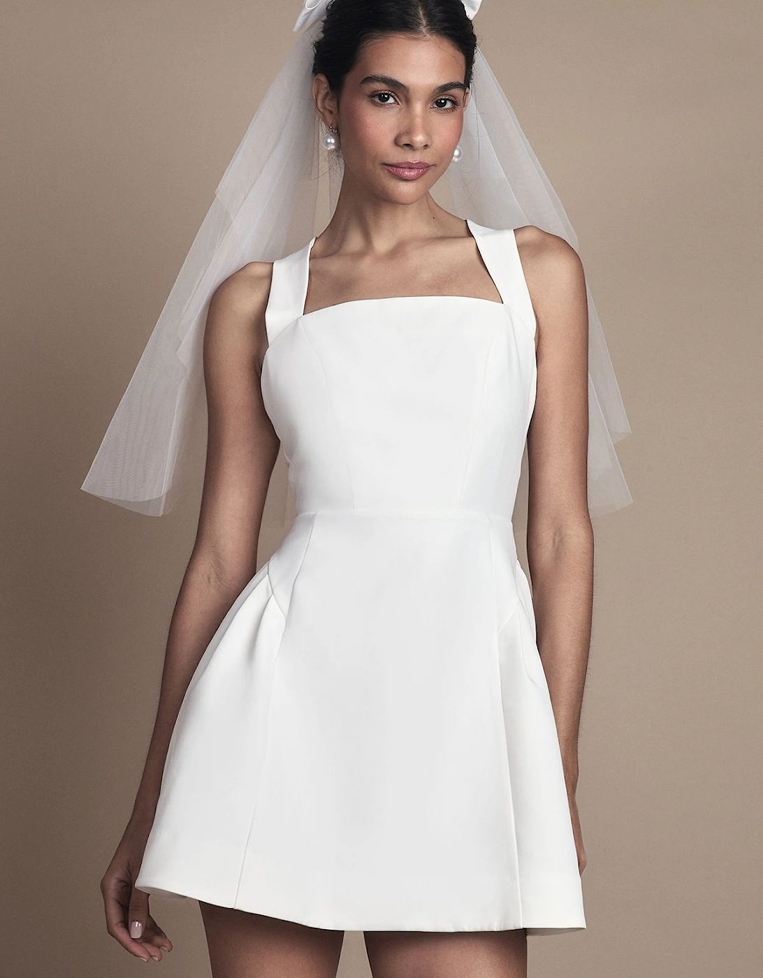 Petite Bow Back Structured Crepe Bridal Mini Dress, 2 of 1