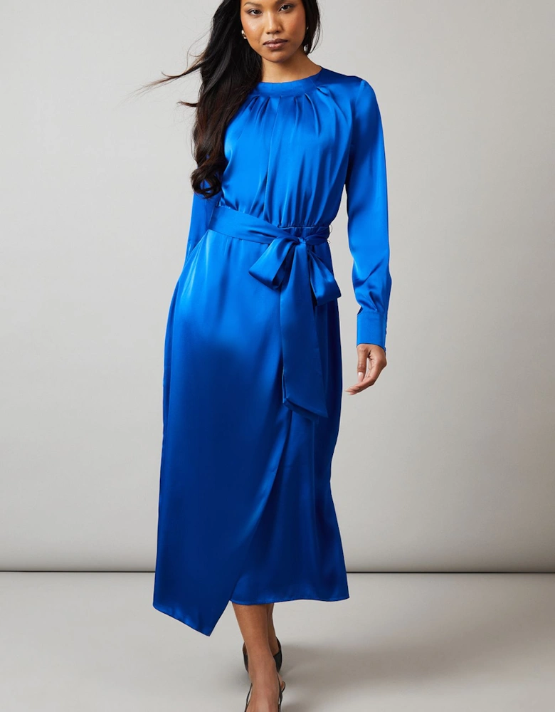 Blue Pleat Neck Drape Midi Dress