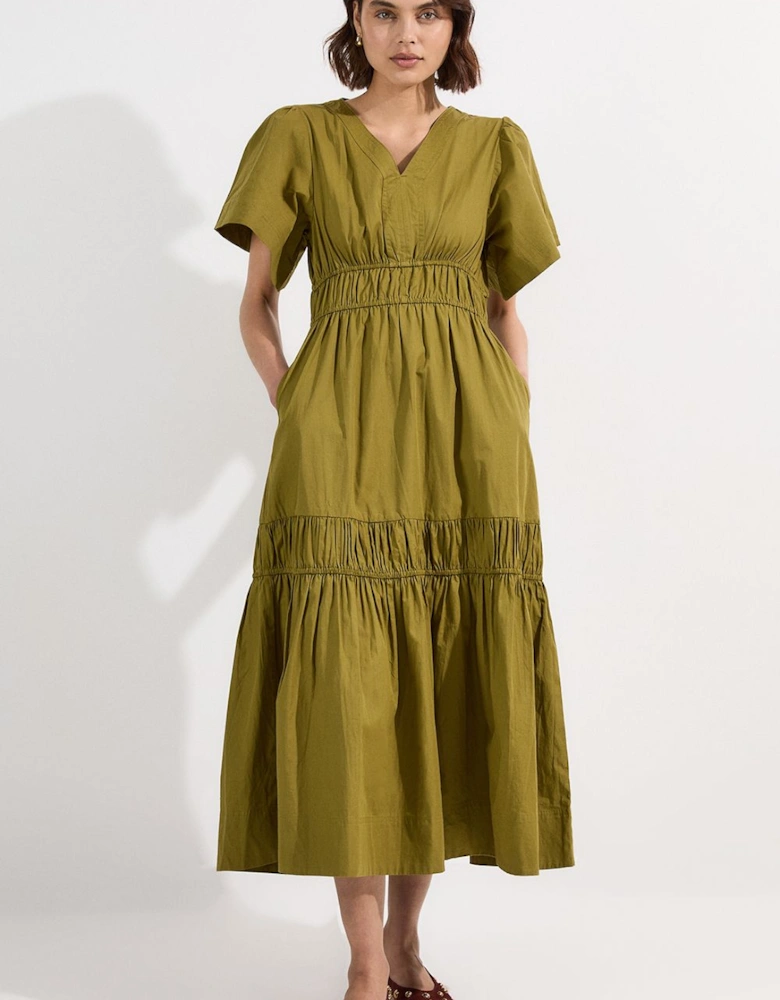 Shirred Cotton Tiered Woven Midaxi Dress