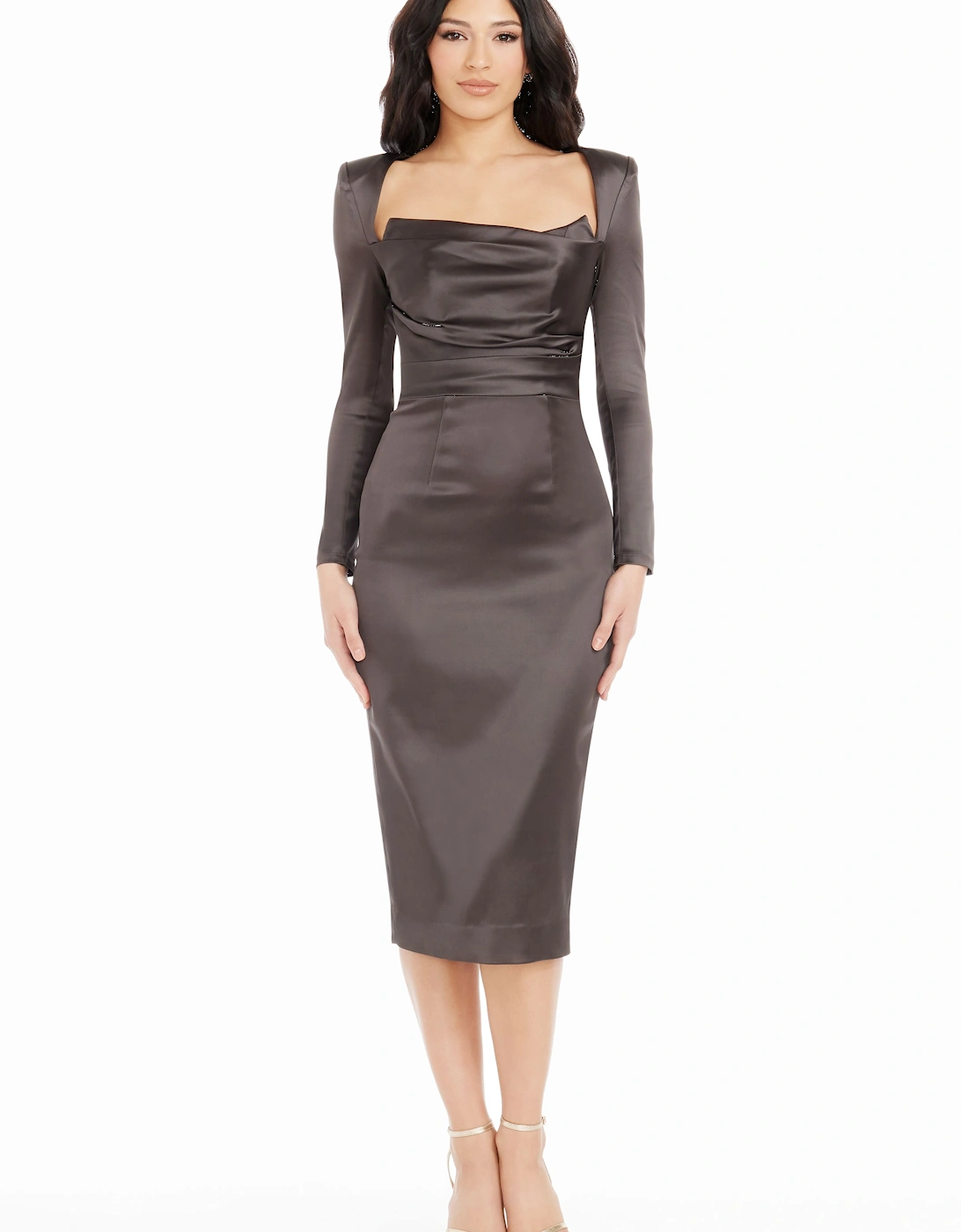 Pamela Pleated Bodice Bodycon Midi Dress Plain, 2 of 1