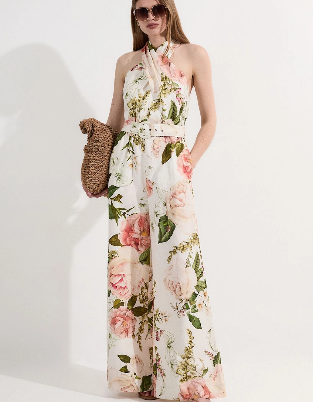 Linen Viscose Cross Front Woven Belted Jumpsuit, 2 of 1