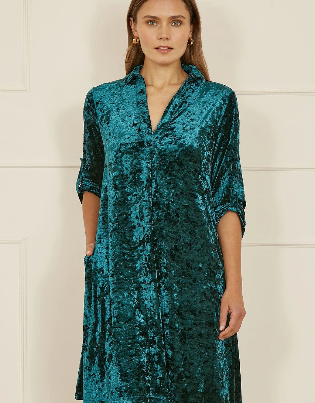 Green Velvet Tunic Dress With 3/4 Sleeves, 2 of 1